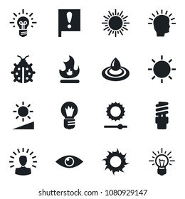 Set of vector isolated black icon - sun vector, bulb, lady bug, fire, eye, important flag, brightness, water, energy saving, shining head, idea