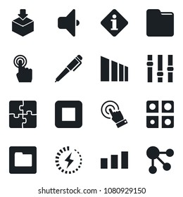 Set of vector isolated black icon - package vector, sorting, settings, touch screen, stop button, folder, charge, application, pen, sound, information, social media