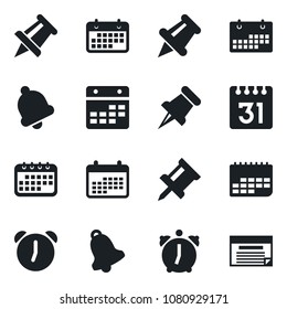 Set of vector isolated black icon - drawing pin vector, term, paper, alarm, bell, calendar, schedule