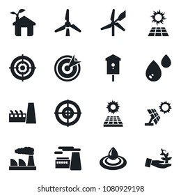 Set of vector isolated black icon - factory vector, bird house, target, sun panel, windmill, eco, water, palm sproute