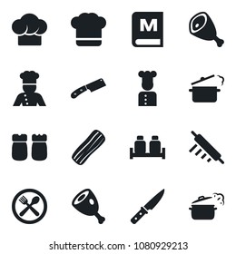 Set of vector isolated black icon - cook vector, cafe, hat, menu, bacon, salt and pepper, ham, rolling pin, knife, steaming pan