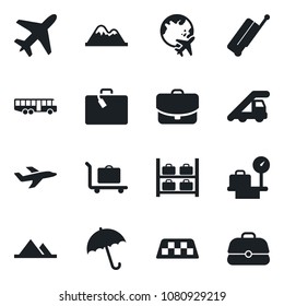 Set of vector isolated black icon - plane vector, taxi, suitcase, baggage trolley, airport bus, umbrella, ladder car, luggage storage, scales, globe, mountains, case