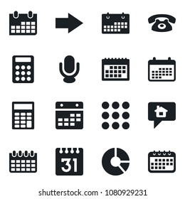 Set of vector isolated black icon - right arrow vector, calendar, circle chart, microphone, menu, calculator, phone, home message