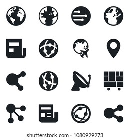 Set of vector isolated black icon - satellite antenna vector, plane globe, earth, pin, consolidated cargo, network, share, news, social media
