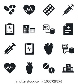 Set of vector isolated black icon - heart pulse vector, diagnosis, syringe, blood pressure, pills, blister, real, clipboard, hospital