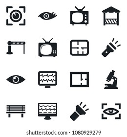 Set of vector isolated black icon - barrier vector, bench, monitor pulse, microscope, eye, torch, plan, tv, alcove, scan