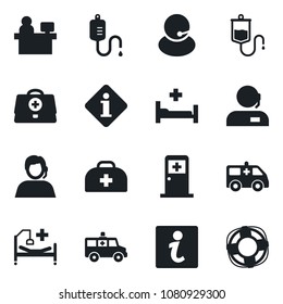 Set of vector isolated black icon - medical room vector, manager place, doctor case, dropper, ambulance car, hospital bed, support, information, crisis management