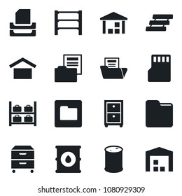 Set of vector isolated black icon - luggage storage vector, warehouse, oil barrel, rack, sd, folder, document, paper tray, archive box