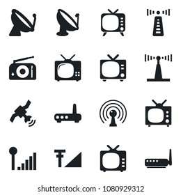 Set of vector isolated black icon - antenna vector, satellite, tv, radio, cellular signal, router