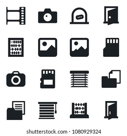 Set of vector isolated black icon - ticket office vector, camera, abacus, folder document, film frame, gallery, sd, jalousie, door