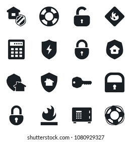 Set of vector isolated black icon - safe vector, lock, flammable, protect, key, estate insurance, home, combination, crisis management