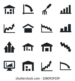 Set of vector isolated black icon - crisis graph vector, garden fork, warehouse storage, monitor statistics, bar, arrow up, growth