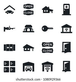 Set of vector isolated black icon - automatic door vector, boarding, medical room, checkroom, house with garage, key, cafe building, open close, gate control