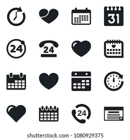 Set of vector isolated black icon - 24 around vector, calendar, heart, medical, hours, clock, schedule