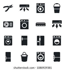 Set of vector isolated black icon - washer vector, bucket, pruner, air conditioner, fridge