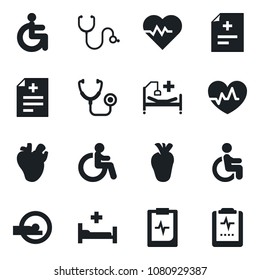 Set of vector isolated black icon - disabled vector, heart pulse, diagnosis, stethoscope, tomography, hospital bed, real, clipboard