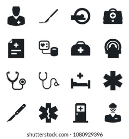 Set of vector isolated black icon - medical room vector, doctor case, diagnosis, stethoscope, blood pressure, scalpel, tomography, ambulance star, hospital bed