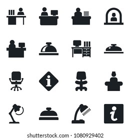 Set of vector isolated black icon - reception bell vector, office chair, desk, manager place, lamp, information