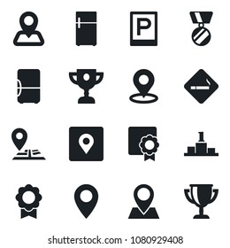 Set of vector isolated black icon - parking vector, smoking place, medal, navigation, pin, tag, sertificate, fridge, pedestal, award cup