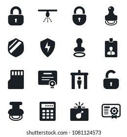 Set of vector isolated black icon - security gate vector, bomb in case, stamp, lock, identity card, shield, protect, sd, combination, sprinkler, certificate