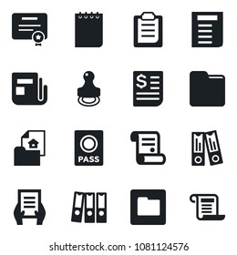 Set of vector isolated black icon - passport vector, office binder, notepad, document, contract, receipt, news, folder, clipboard, paper, stamp, estate, certificate
