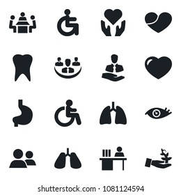 Set of vector isolated black icon - disabled vector, heart hand, stomach, lungs, tooth, eye, client, group, company, manager desk, meeting, palm sproute