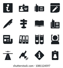 Set of vector isolated black icon - runway vector, identity card, book, pen, signpost, office phone, satellite, radio, notes, face id, news, paper binder, information, pass