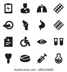 Set of vector isolated black icon - disabled vector, diagnosis, syringe, blood test vial, pills, blister, tomography, stomach, lungs, implant, eye, joint, pulse clipboard, doctor, flask