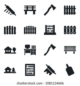 Set of vector isolated black icon - abacus vector, desk, fence, axe, bench, house with tree, rolling pin, cutting board