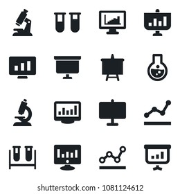 Set of vector isolated black icon - presentation board vector, statistic monitor, blood test vial, microscope, statistics, point graph, flask
