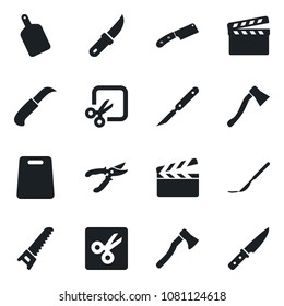 Set of vector isolated black icon - pruner vector, saw, garden knife, axe, scalpel, clapboard, cut, cutting board