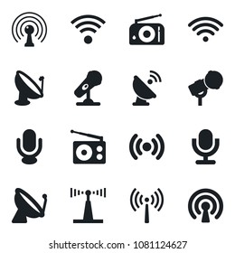 Set of vector isolated black icon - antenna vector, satellite, microphone, radio, wireless
