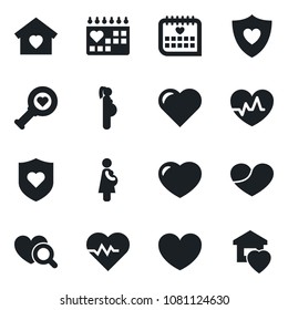 Set of vector isolated black icon - heart vector, pulse, diagnostic, shield, medical calendar, pregnancy, sweet home