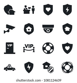 Set of vector isolated black icon - passport control vector, alarm car, heart shield, protect, estate insurance, vip zone, home, surveillance, crisis management