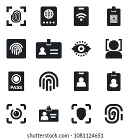 Set of vector isolated black icon - passport vector, identity, card, face id, eye, fingerprint, pass