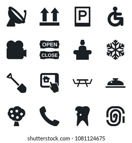 Set of vector isolated black icon - satellite antenna vector, parking, reception, job, picnic table, disabled, caries, up side sign, video camera, call, fruit tree, open close, snowflake