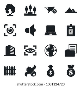 Set of vector isolated black icon - office building vector, pedestal, notebook pc, fence, tree, wheelbarrow, earth, satellite, speaker, eye id, document folder, identity card, mountains, scan