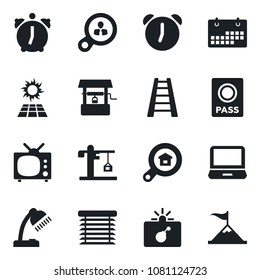 Set of vector isolated black icon - bomb in case vector, passport, ladder, well, laptop pc, alarm, calendar, desk lamp, estate search, tv, crane, jalousie, sun panel, consumer, motivation