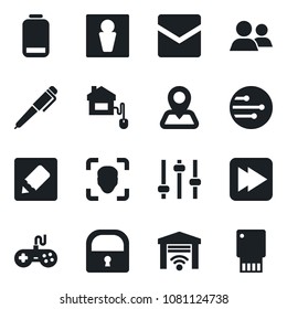 Set of vector isolated black icon - male vector, navigation, gamepad, group, low battery, fast forward, tuning, mail, network, notes, lock, face id, pen, home control, garage gate, usb flash