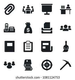 Set of vector isolated black icon - money bag vector, group, themes, clipboard, copybook, presentation board, paper clip, news, office phone, manager desk, target, meeting, tray, book, hard work