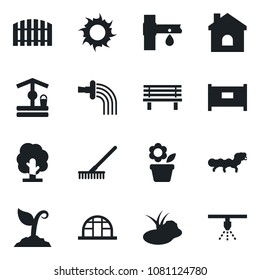 Set of vector isolated black icon - fence vector, flower in pot, rake, tree, watering, sproute, house, sun, well, bench, greenhouse, caterpillar, pond, drip irrigation, sprinkler