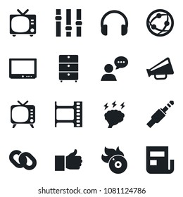 Set of vector isolated black icon - tv vector, brainstorm, film frame, archive chest, flame disk, loudspeaker, settings, network, speaker, headphones, chain, finger up, jack connector, news