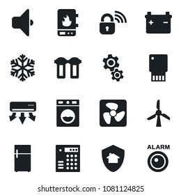 Set of vector isolated black icon - fan vector, wireless lock, water heater, snowflake, air conditioner, gear, filter, washer, sound, home protect, fridge, combination, windmill, usb flash, battery