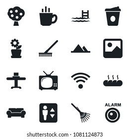 Set of vector isolated black icon - elevator vector, coffee, rake, gallery, pool, fruit tree, mountains, cushioned furniture, tv, wireless, flower in pot, restaurant table, bread, alarm led