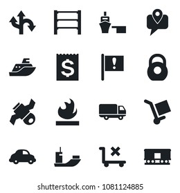 Set of vector isolated black icon - route vector, important flag, satellite, mobile tracking, sea shipping, car delivery, receipt, port, cargo, no trolley, heavy, flammable, rack, railroad