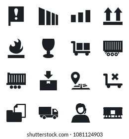 Set of vector isolated black icon - navigation vector, important flag, support, truck trailer, car delivery, folder document, fragile, cargo, up side sign, no trolley, package, sorting, flammable