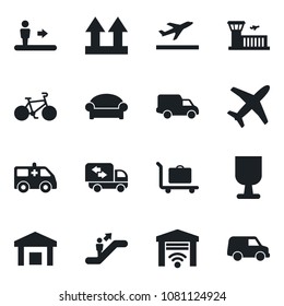 Set of vector isolated black icon - departure vector, baggage trolley, escalator, waiting area, airport building, ambulance car, bike, plane, delivery, fragile, up side sign, warehouse, moving