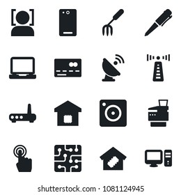 Set of vector isolated black icon - antenna vector, credit card, pen, garden fork, satellite, touch screen, laptop pc, phone back, mobile camera, face id, copier, smart home, chip, router