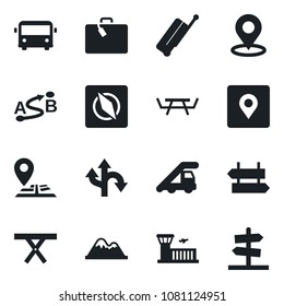Set of vector isolated black icon - suitcase vector, airport bus, signpost, ladder car, building, picnic table, route, navigation, place tag, compass, mountains, guidepost
