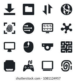 Set of vector isolated black icon - mouse vector, monitor pulse, gamepad, tv, network, share, hdmi, folder, data exchange, download, chip, fingerprint, web camera